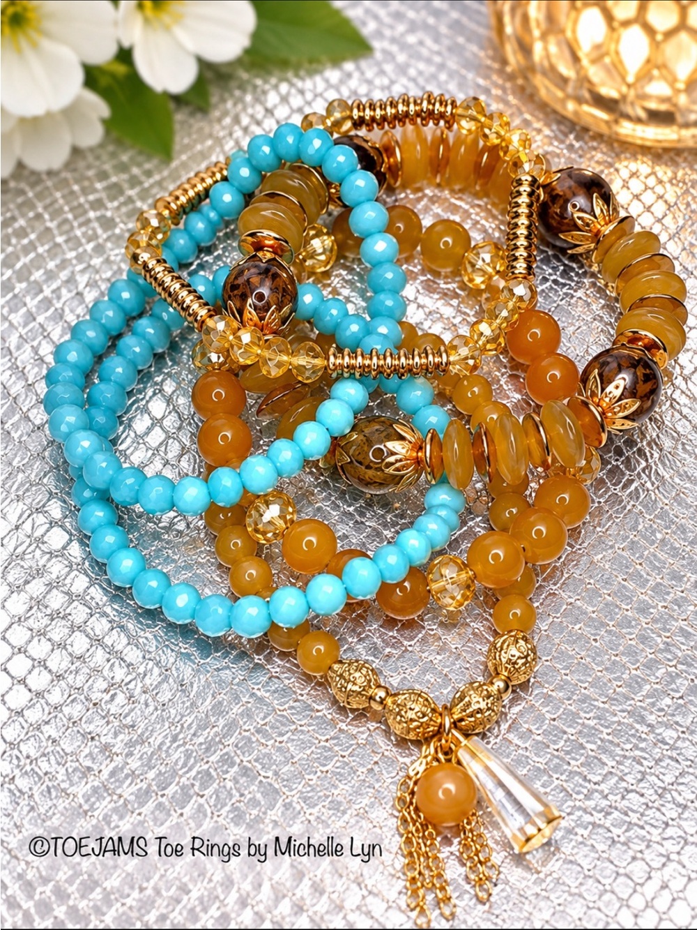 FRIENDSHIP BRACELETS 6 Strands Blue Crystal and Tan Stone Stretchy TAYLOR SWIFT